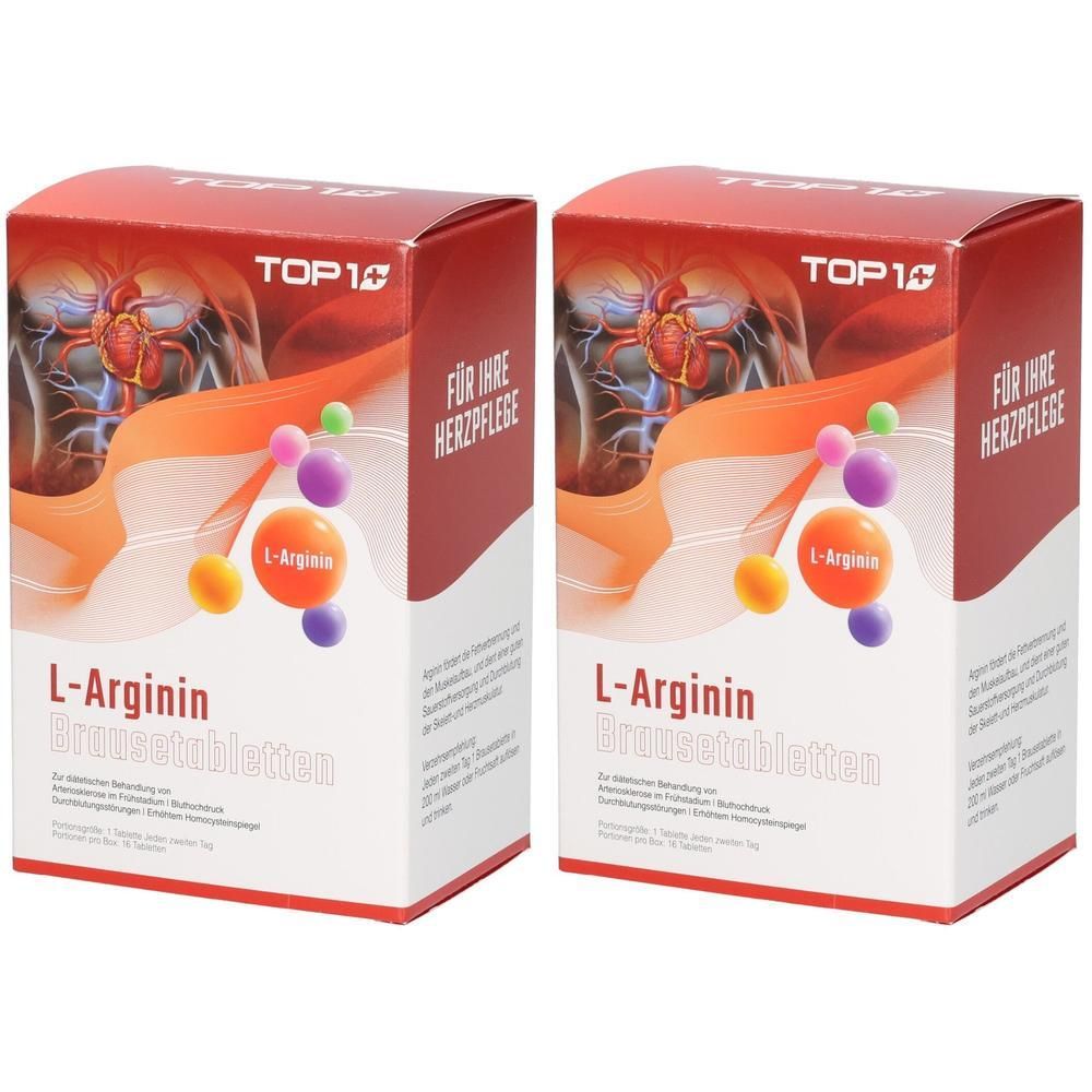 Zwei Packungen L-Arginin Brausetabletten von TOP 10 für Herzpflege.