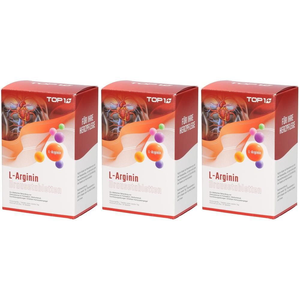 Drei Schachteln L-Arginin Tabletten mit Herzabbildung und "TOP 10" Logo.