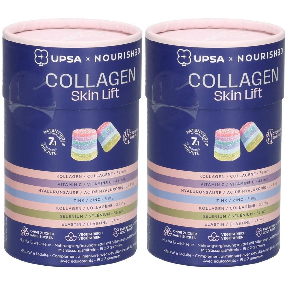 Zwei Tuben Upsa x Nourishd Collagen Skin Lift Gummis.