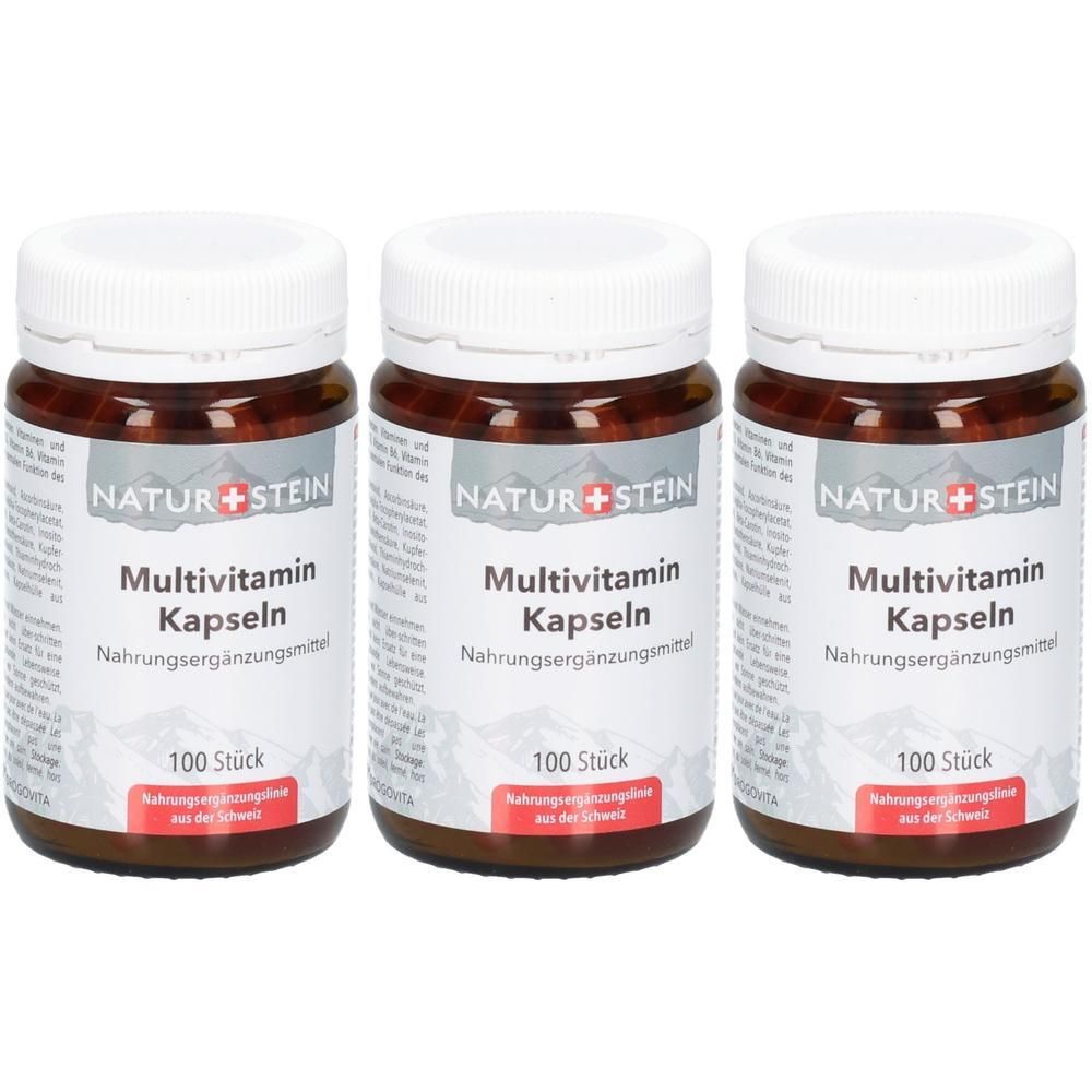Drei Flaschen Natur+Stein Multivitamin Kapseln mit weißen Etiketten und roten Akzenten.