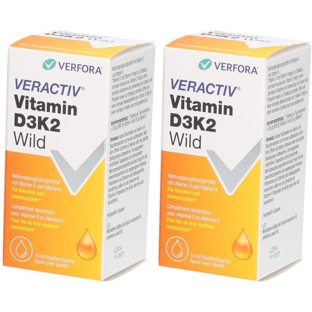 Zwei Schachteln Veractiv Vitamin D3K2 Wild mit Pipetten.