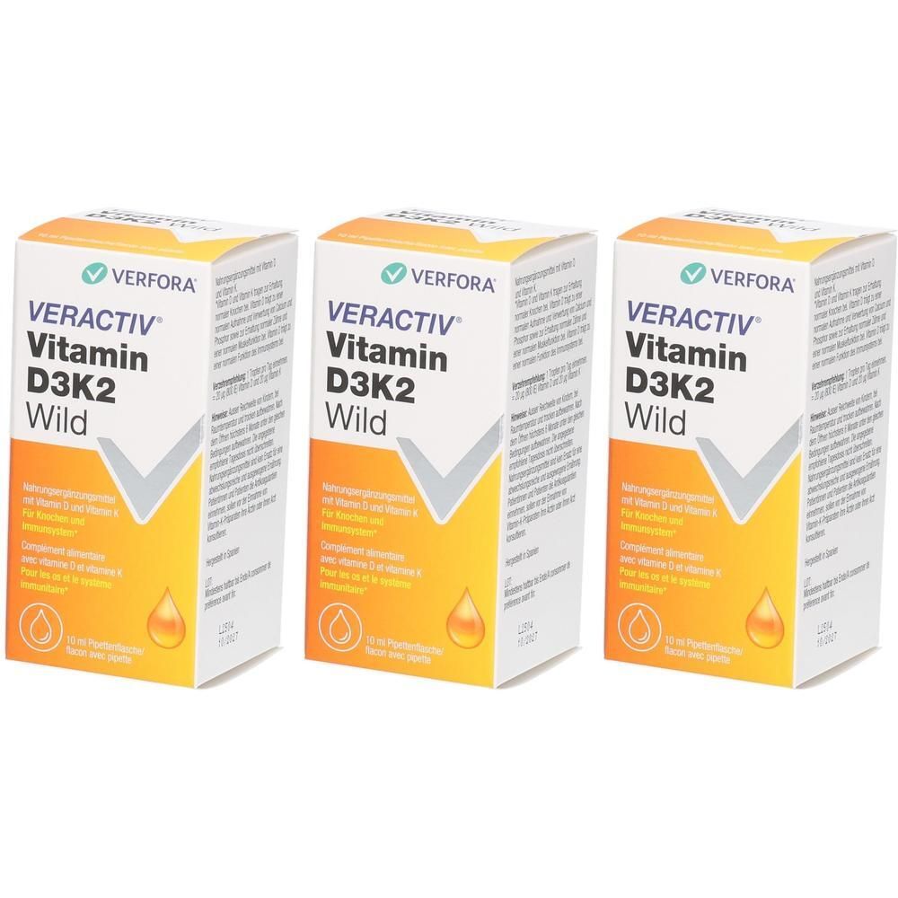 Drei Kartons mit Verfora Veractiv Vitamin D3K2 Wild. Gelb-weiße Verpackung mit Tropfen-Symbol.