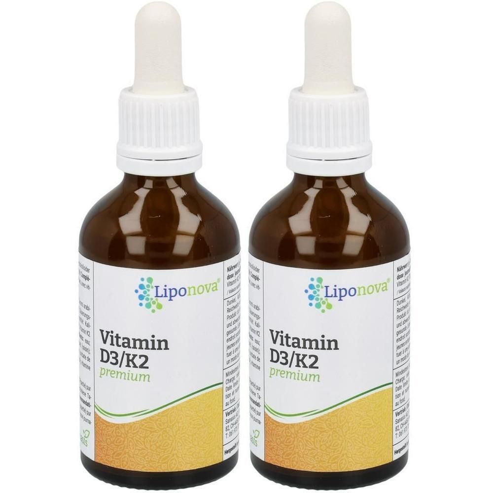 Zwei Flaschen Liponova Vitamin D3/K2 premium mit Pipetten.