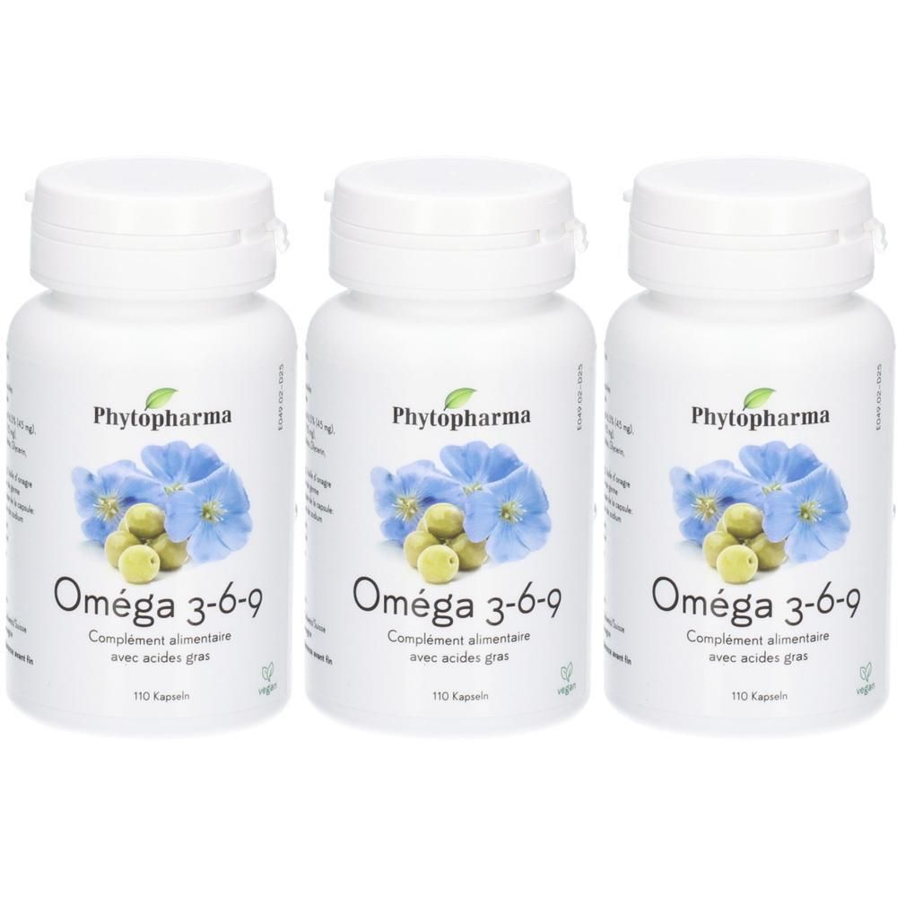 Drei Flaschen Phytopharma Oméga 3-6-9, je 110 Kapseln. Nahrungsergänzungsmittel.