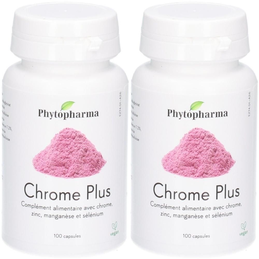 Zwei weiße Behälter Phytopharma Chrome Plus Kapseln mit rosa Pulver.