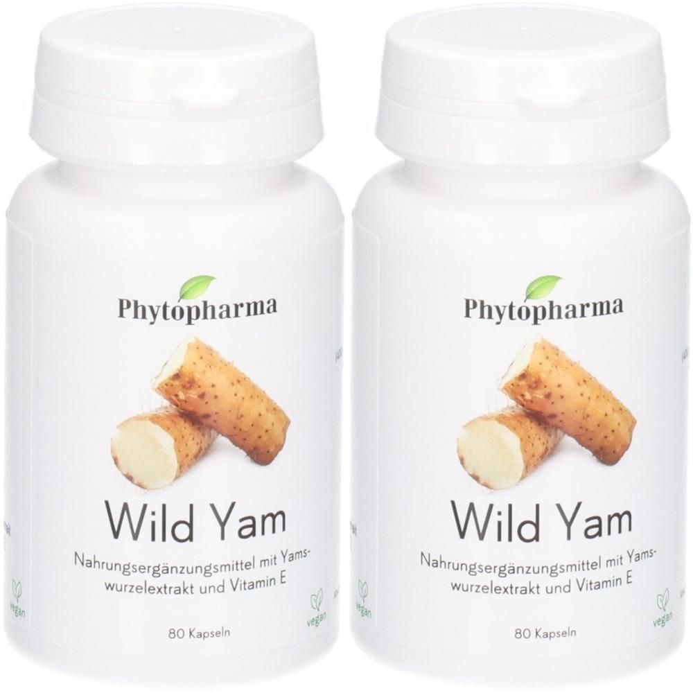 Zwei Dosen Phytopharma Wild Yam Kapseln mit Yamswurzelextrakt.