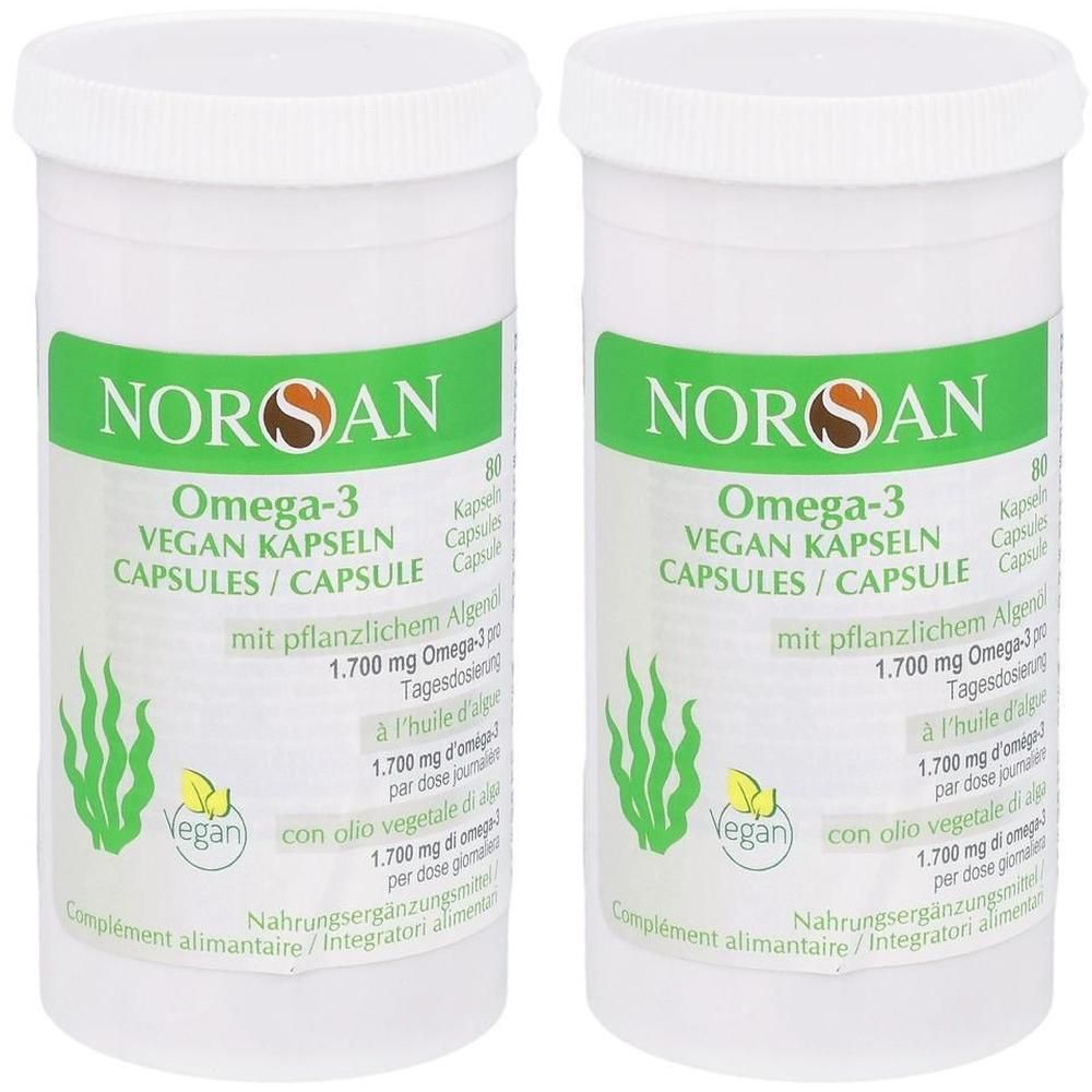 Zwei Flaschen Noroan Omega-3 vegane Kapseln.