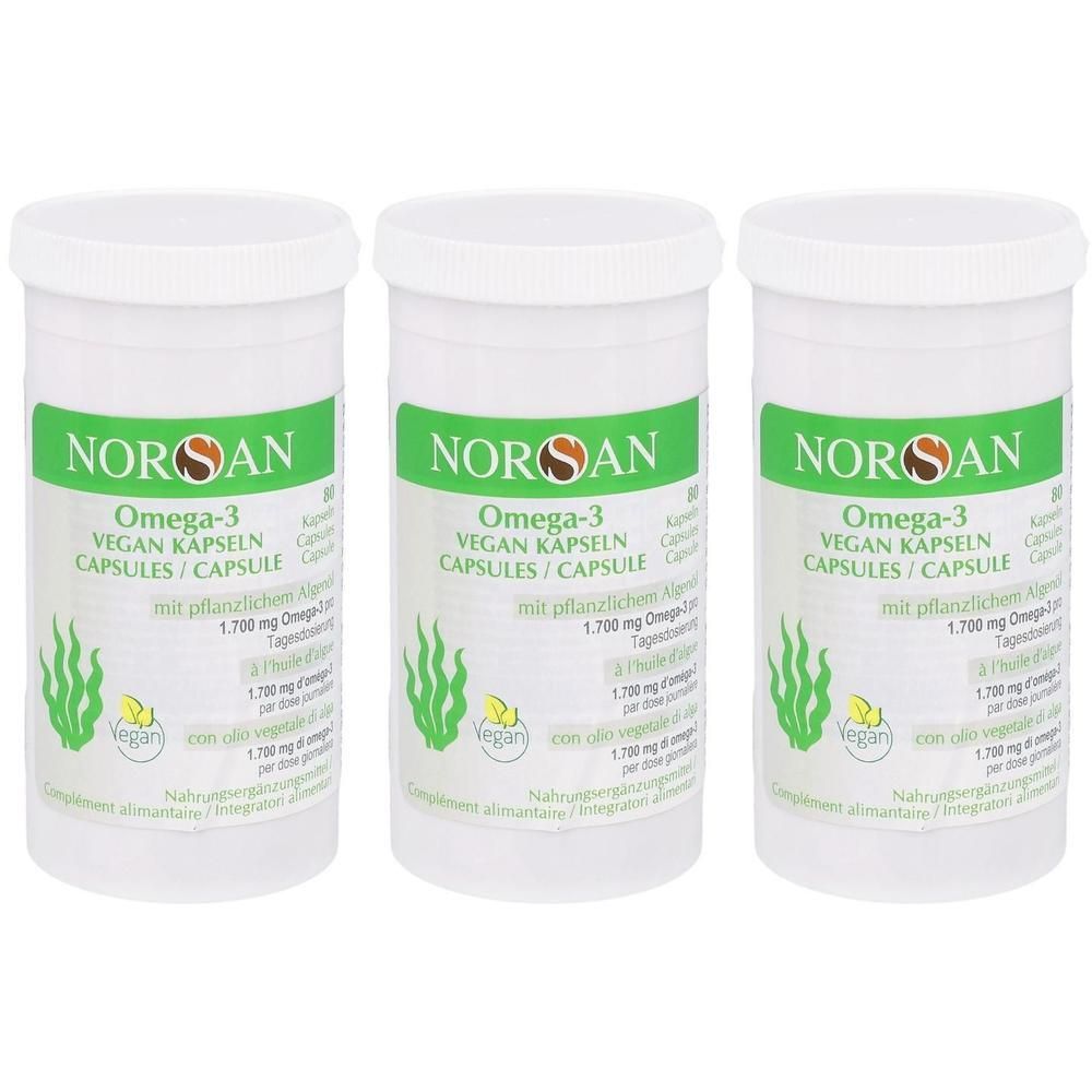 Drei Behälter mit Norsan Omega-3 veganen Kapseln.