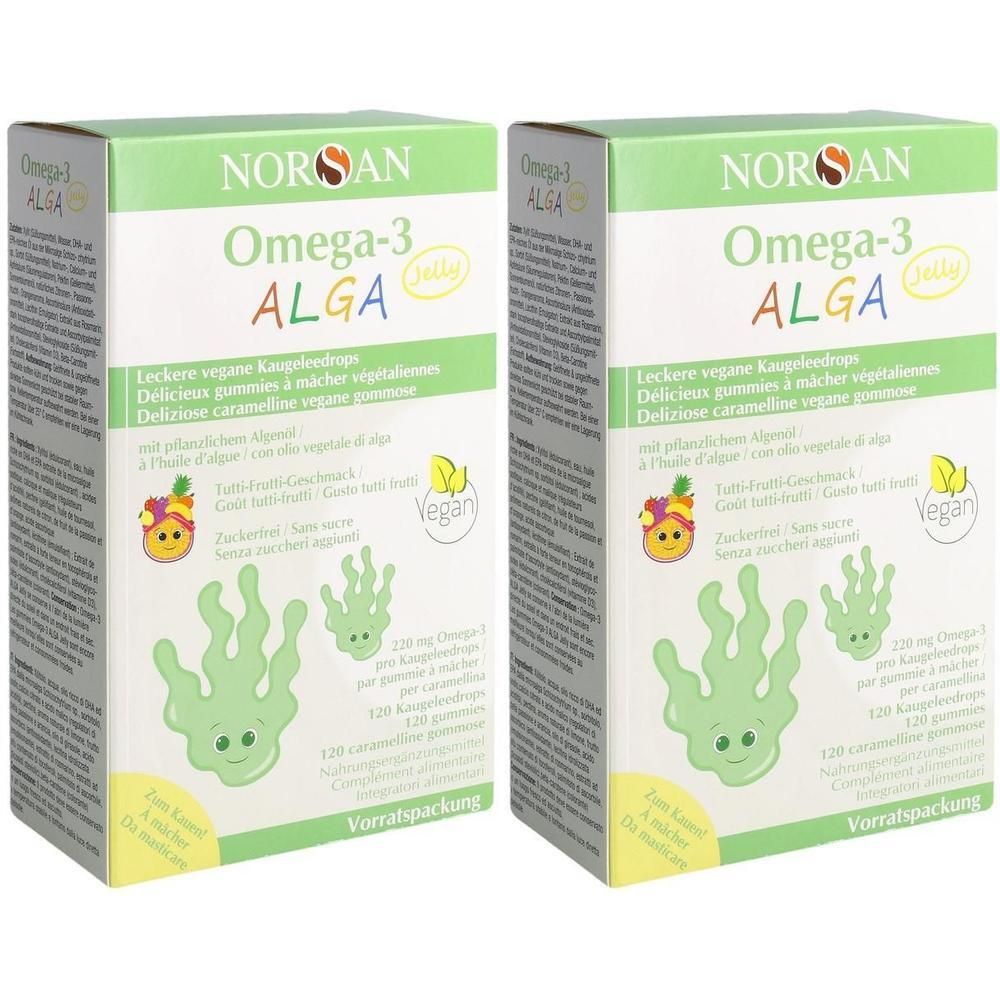 Zwei Packungen NORAN Omega-3 ALGA vegane Gummibonbons.