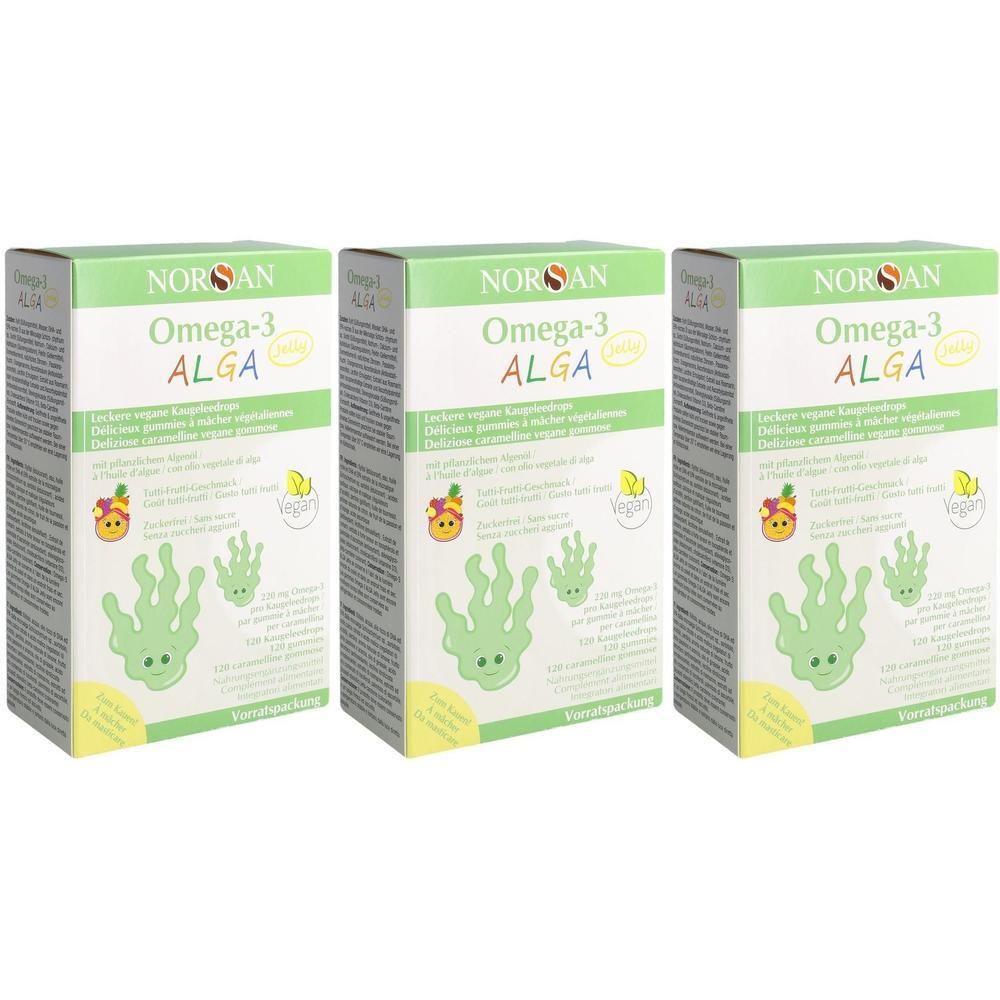 Drei grüne Schachteln Norsan Omega-3 Alga vegan, je 120 Kapseln. Abgebildet sind Algen und ein Vegan-Siegel.