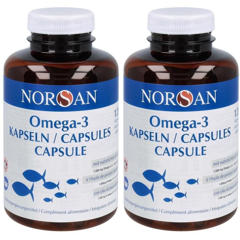 Zwei Flaschen Noroan Omega-3 Kapseln.