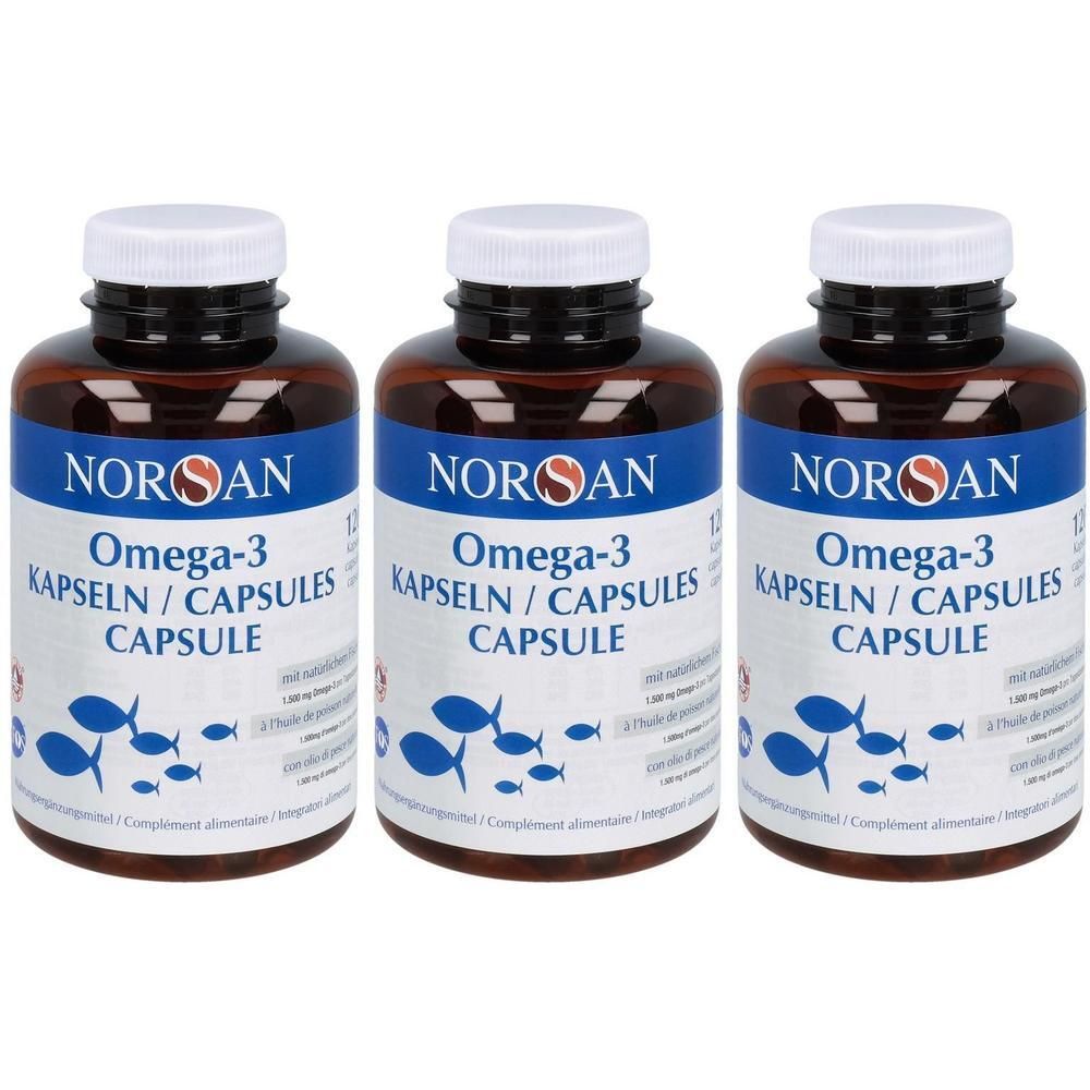 Drei Flaschen NOROAN Omega-3 Kapseln mit weißen Verschlüssen und blauen Fischsymbolen.