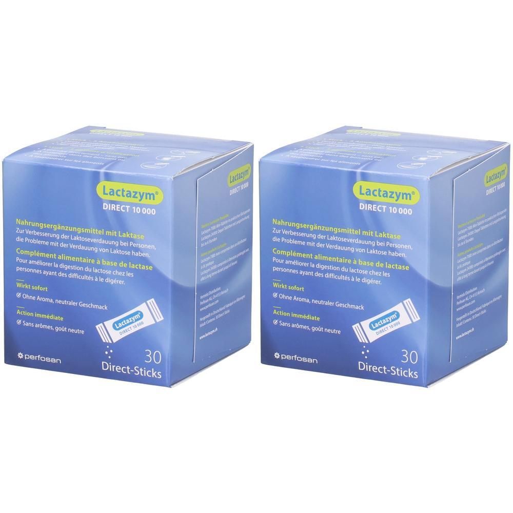 Zwei Packungen Lactazym DIRECT 10000 Nahrungsergänzungsmittel mit Lactase, 30 Direct-Sticks pro Packung.