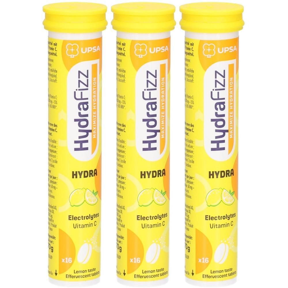 Drei Tuben HydraFizz Elektrolyt-Brausetabletten Zitrone.