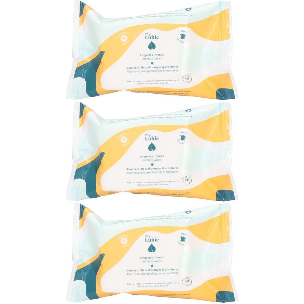 Drei Packungen Feuchttücher mit gelb-blauem Design. 'Lubie' und 'Lingettes intimes' aufgedruckt.