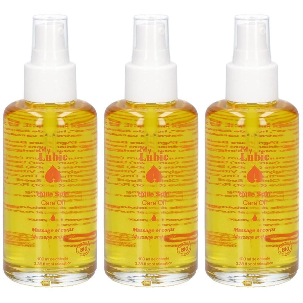 Drei Flaschen mit gelbem Massageöl, jeweils 100 ml.