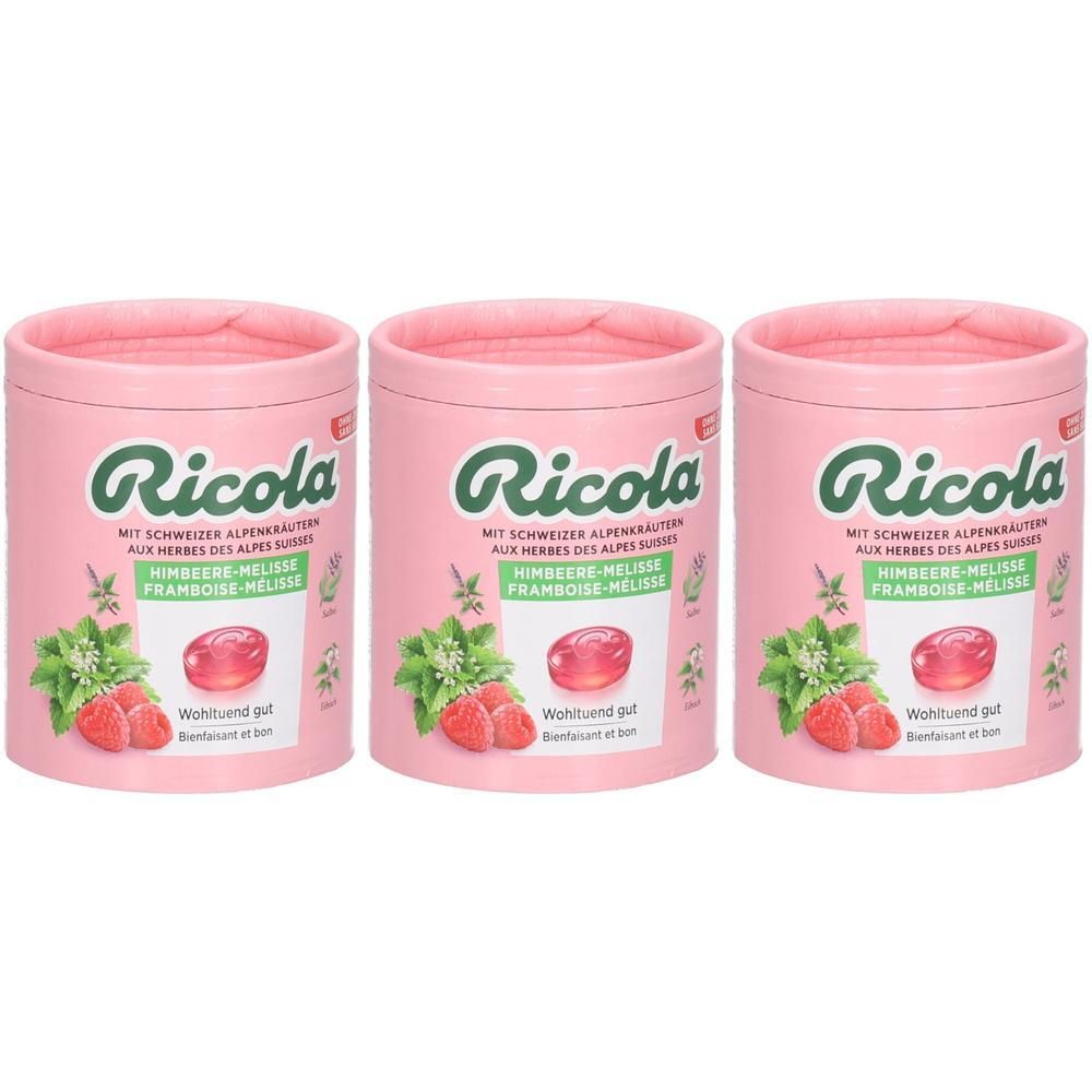 Drei Ricola Himbeer-Melisse Bonbondosen mit Schweizer Alpenkräutern.