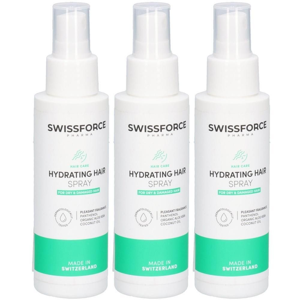 Drei Flaschen Swissforce Pharma Hydrating Hair Spray (100ml) für trockenes Haar.