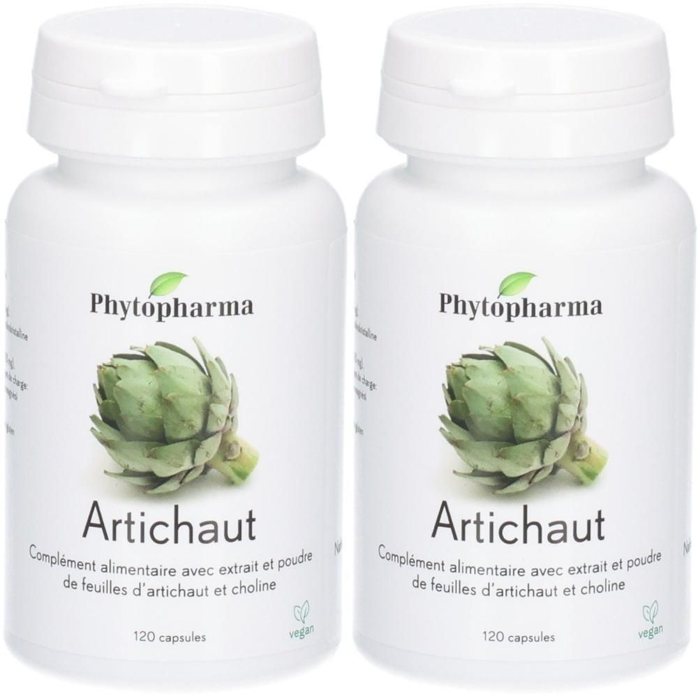 Zwei weiße Flaschen Phytopharma Artischocke Kapseln, jede mit 120 Kapseln und einem veganen Siegel.