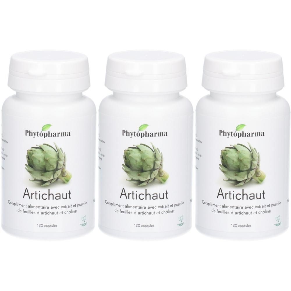 Phytopharma Artischocke Kapseln, 3x 120 Stück. Weiße Behälter mit Artischockenabbildung und veganem Siegel.