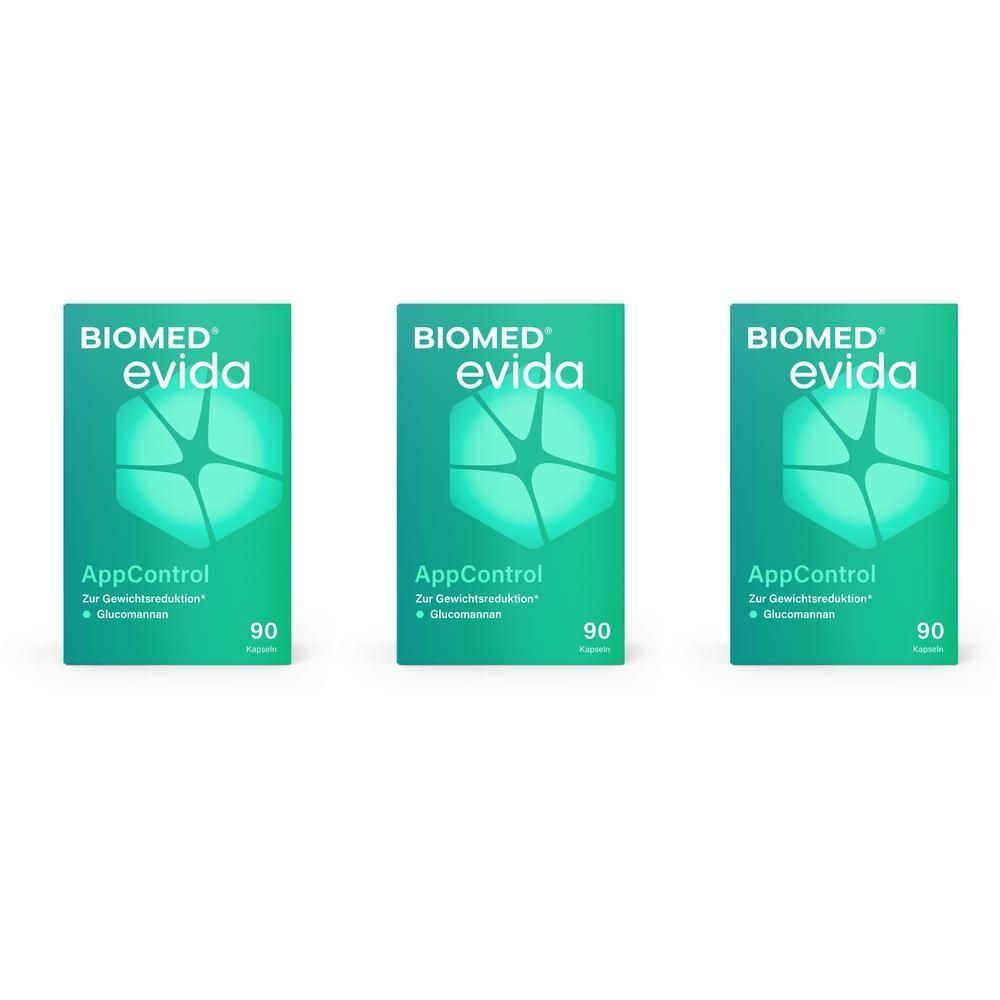Drei Packungen Biomed evida AppControl mit je 90 Tabletten.
