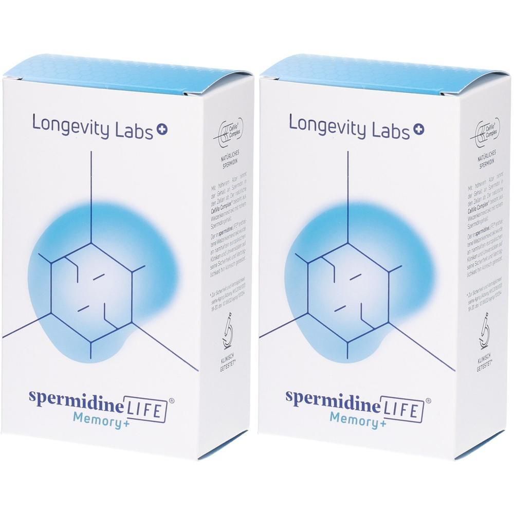 Zwei Packungen 'spermidin LIFE Memory+' von Longevity Labs.