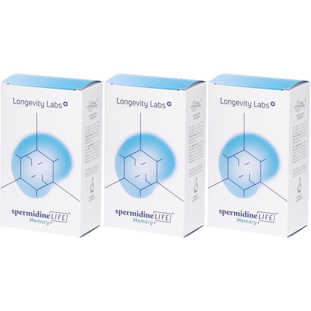 Drei Schachteln Longevity Labs spermidineLIFE Memory+.