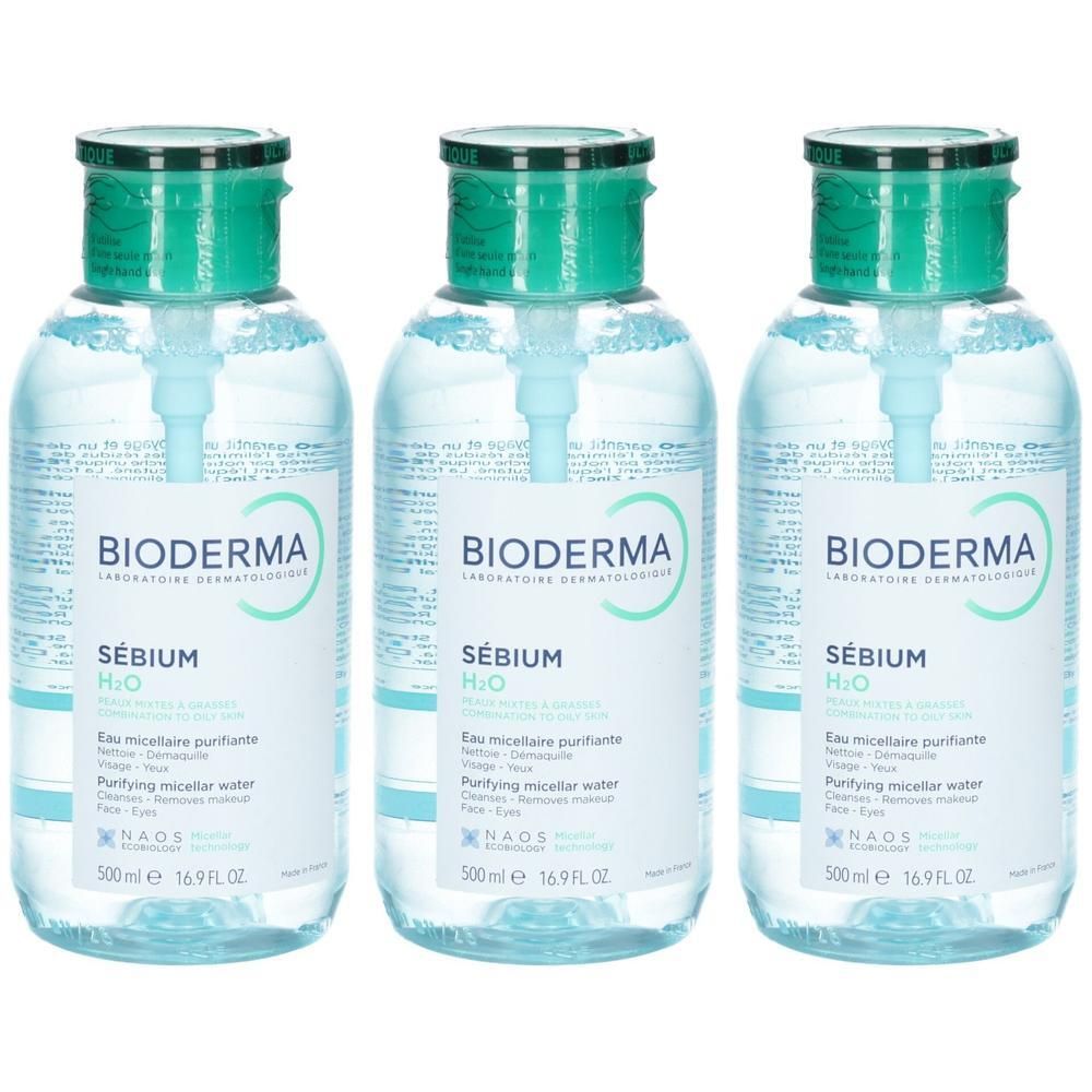 Drei Flaschen Bioderma Sébium H2O Mizellenwasser, je 500 ml.