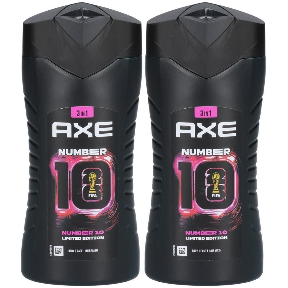 Zwei schwarze Flaschen Axe Number 10 Limited Edition 3-in-1 Duschgel.