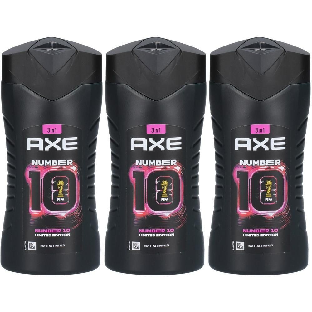 Drei AXE Number 10 Limited Edition 3-in-1 Duschgel-Flaschen.
