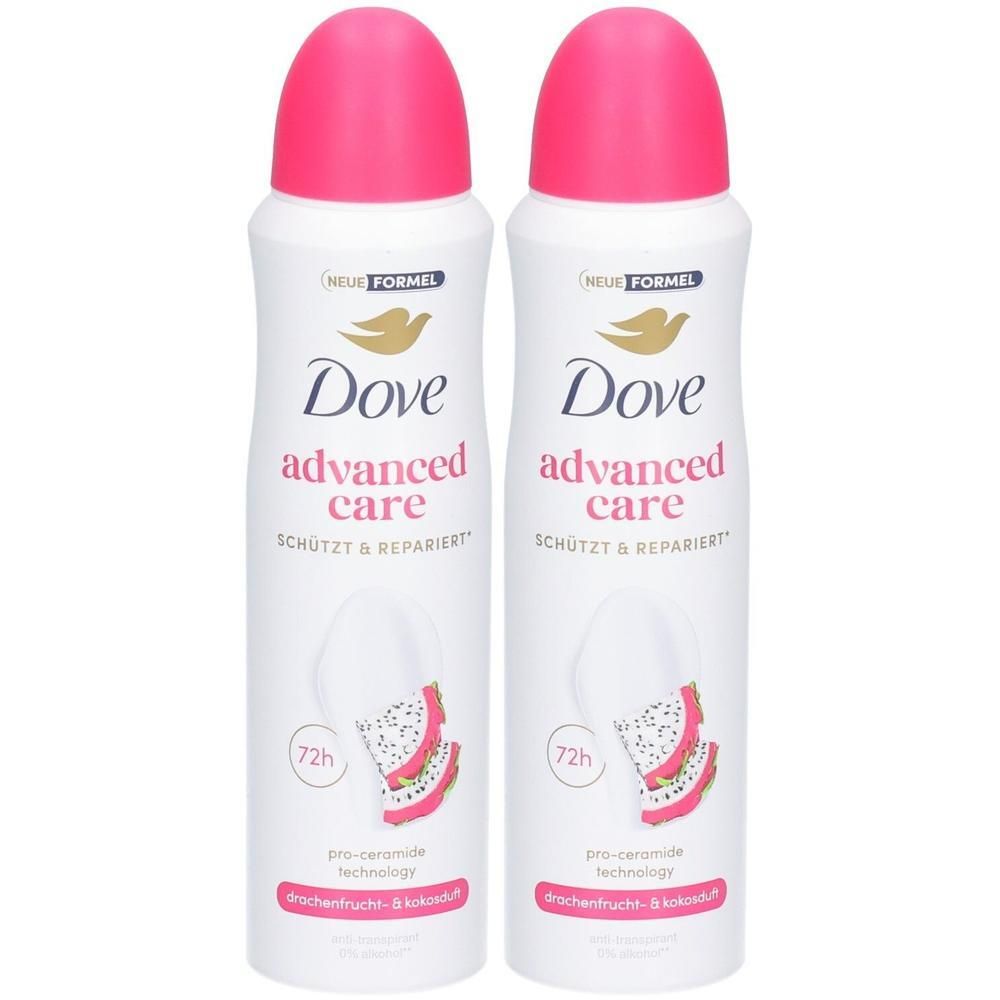 Zwei Dove Advanced Care Deosprays mit Drachenfrucht- & Kokosduft, 72h Schutz.