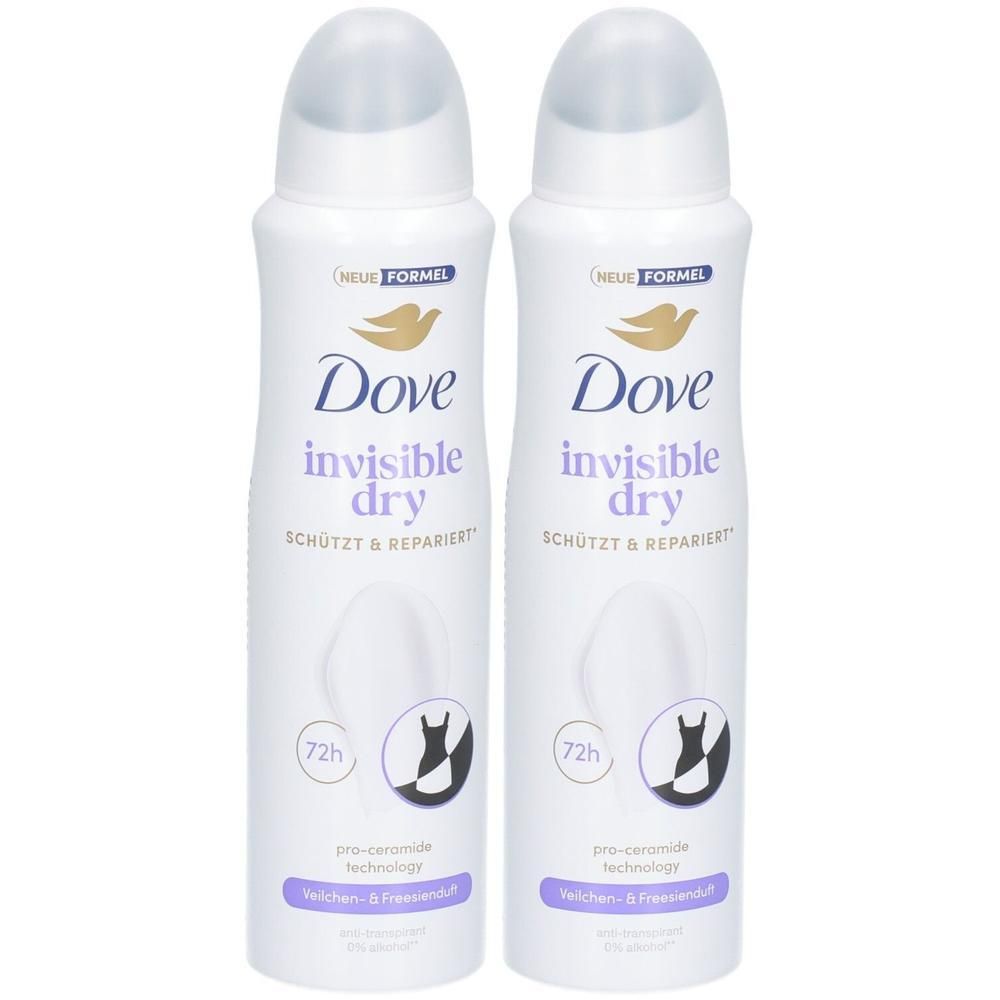 Zwei Dove Invisible Dry Deospray-Dosen mit weißem und violettem Etikett. Zeigt Schutz vor Flecken und 72h Schutz.