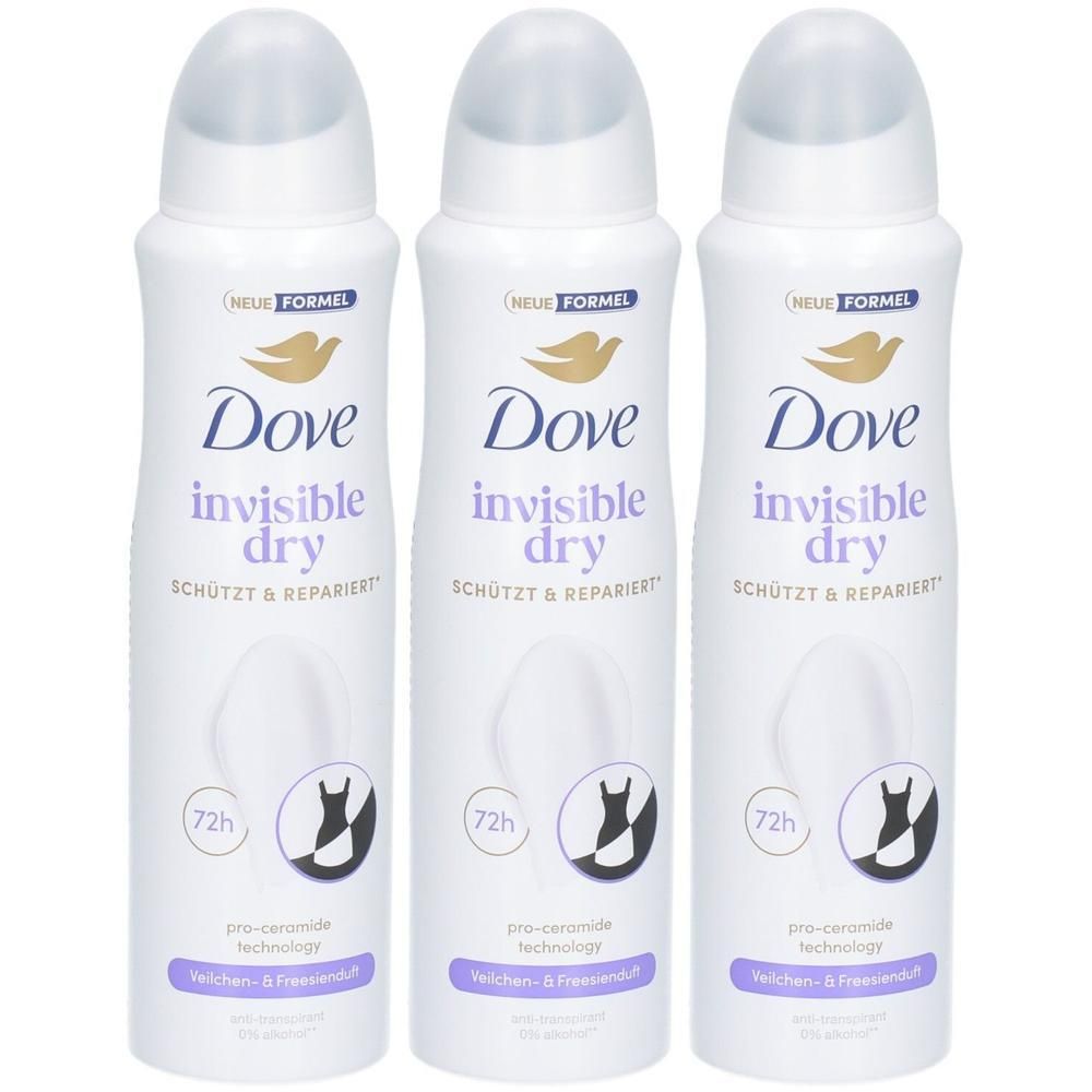 Drei Dove Invisible Dry Deosprays mit Pro-Ceramide Technologie.