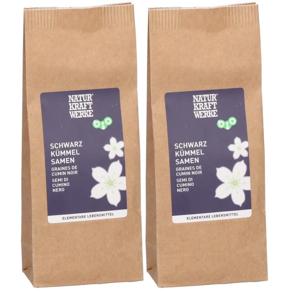 Zwei braune Papiertüten NATUR KRAFT WERKE Schwarzkümmelsamen.