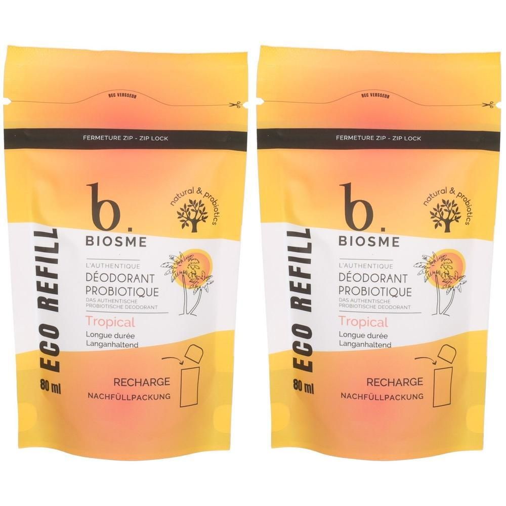Zwei Nachfüllbeutel b. Biosme Deodorant Probiotique Tropical, 80 ml.