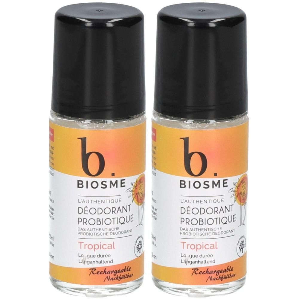 Zwei Biosme Tropical Deodorant Nachfüllflaschen.