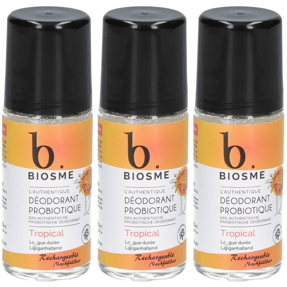 Drei Flaschen B. Biosme L'Authentique Deodorant Probiotique Tropical.