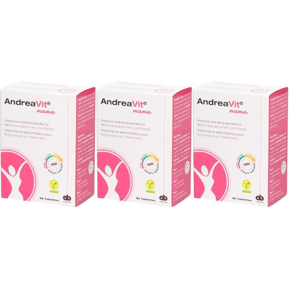 Drei Packungen AndreaVit mama Vitamine und Mineralstoffe für Schwangere und Stillende.