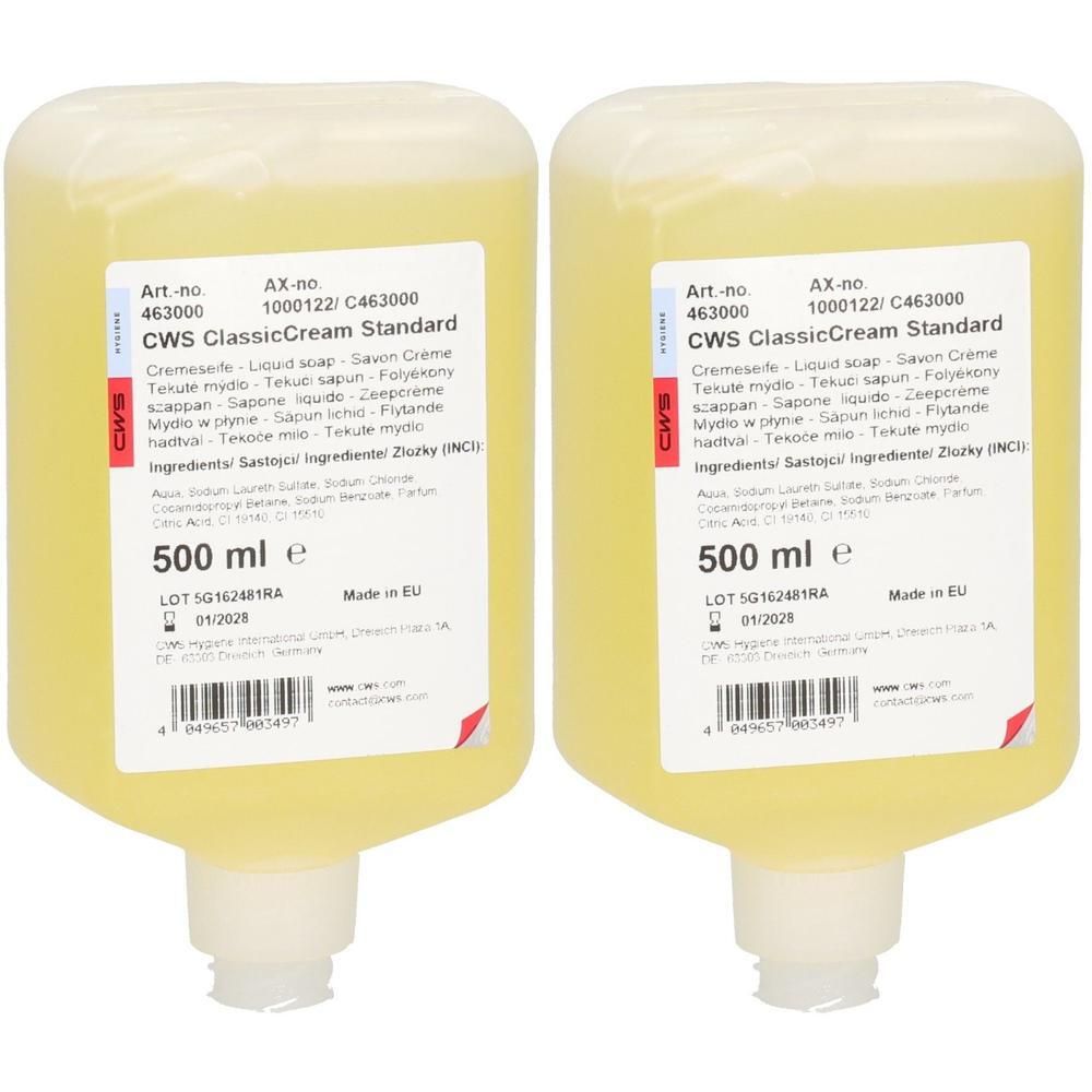Zwei 500ml Spenderflaschen CWS ClassicCream Standard Flüssigseife.
