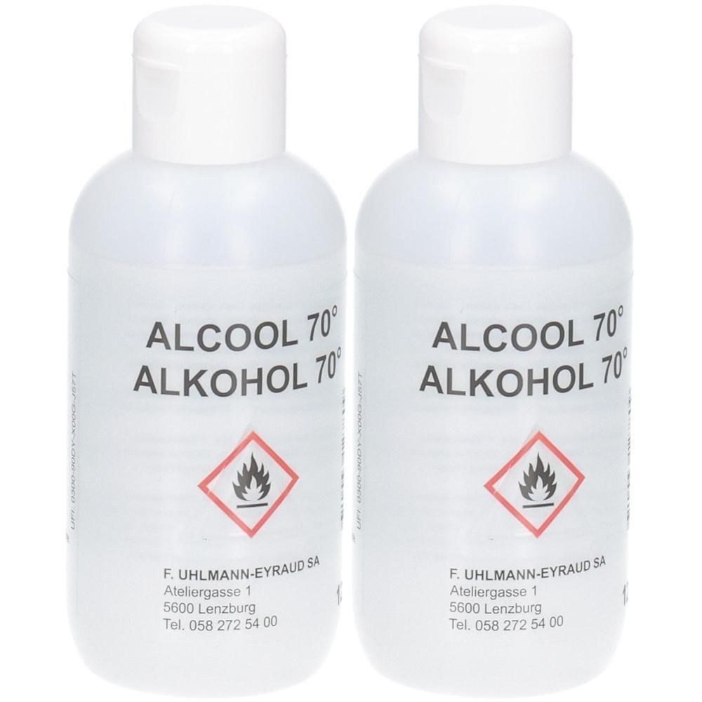 Zwei Flaschen 70% Alkohol (Alcool/Alkohol) von F. Uhlmann-Eyraud SA.