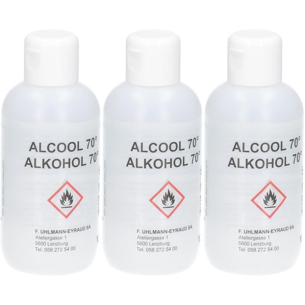 Drei Flaschen 70% Alkohol mit Flammen-Gefahrensymbol.