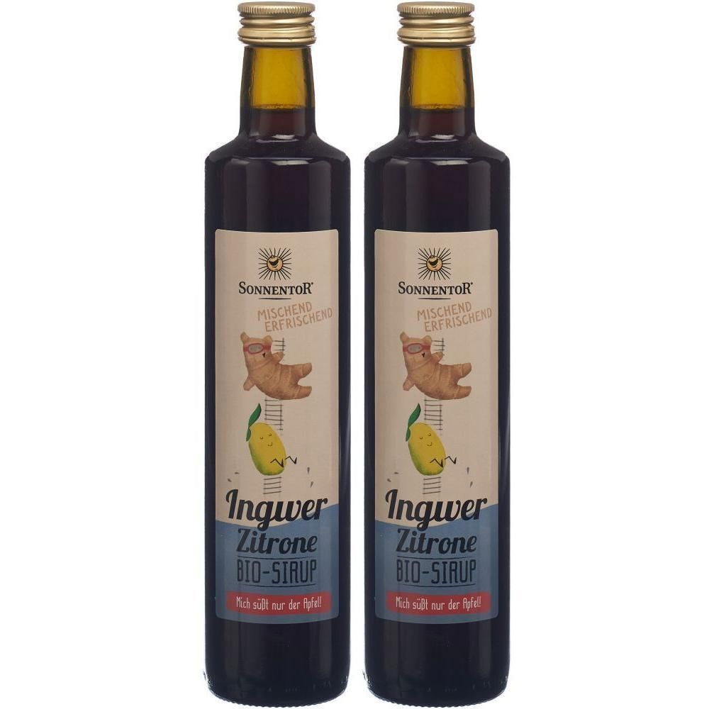 Zwei Flaschen Sonnentor Ingwer Zitrone Bio-Sirup.