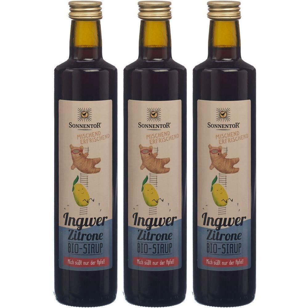 Drei Flaschen Sonnentor Ingwer Zitrone Bio-Sirup.