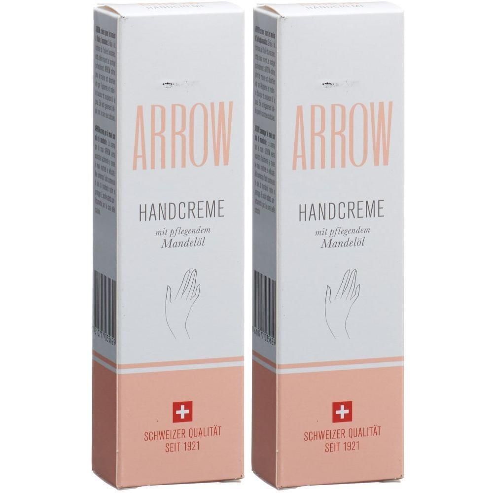 Zwei Packungen ARROW Handcreme mit Mandelöl. Schweizer Qualität seit 1921.