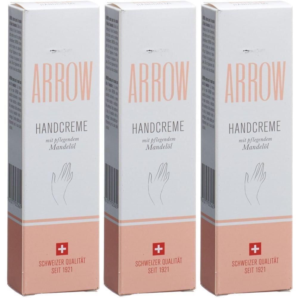 Drei Packungen ARROW Handcreme mit Mandelöl. Schweizer Qualität seit 1921.