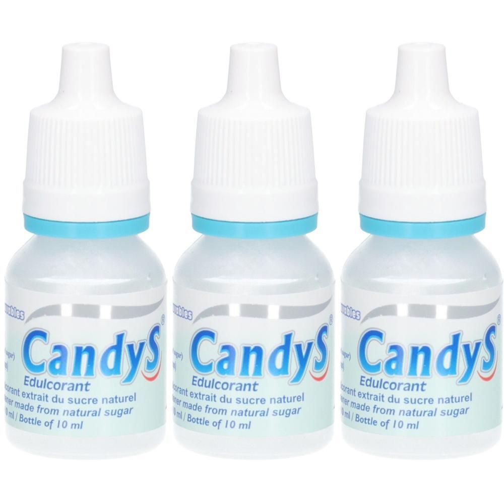 Drei Tropfflaschen CandyS Süßstoff, je 10 ml, aus natürlichem Zucker.