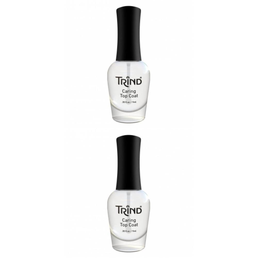 Zwei Flaschen TRIND Caring Top Coat mit schwarzen Verschlüssen.