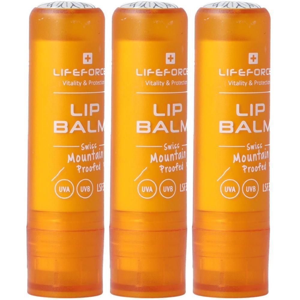 Drei orangefarbene Lippenbalsamtuben mit weißer Schrift, die "LIP BALM" und "Swiss Mountain Proofed" angibt.