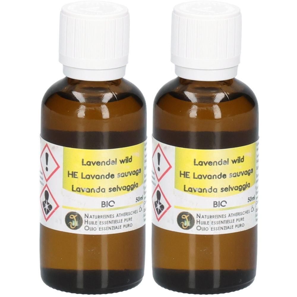 Zwei braune Glasflaschen Lavendelöl HE mit weißem Verschluss. 50ml.