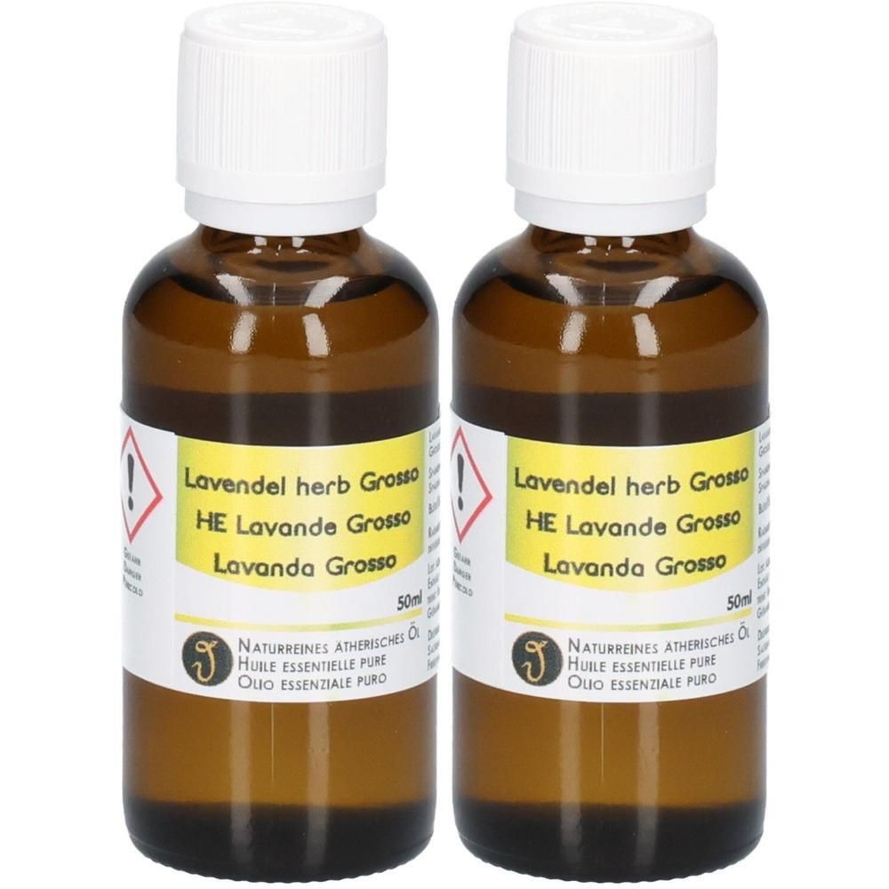 Zwei braune Glasflaschen mit Lavendelöl, 50 ml.